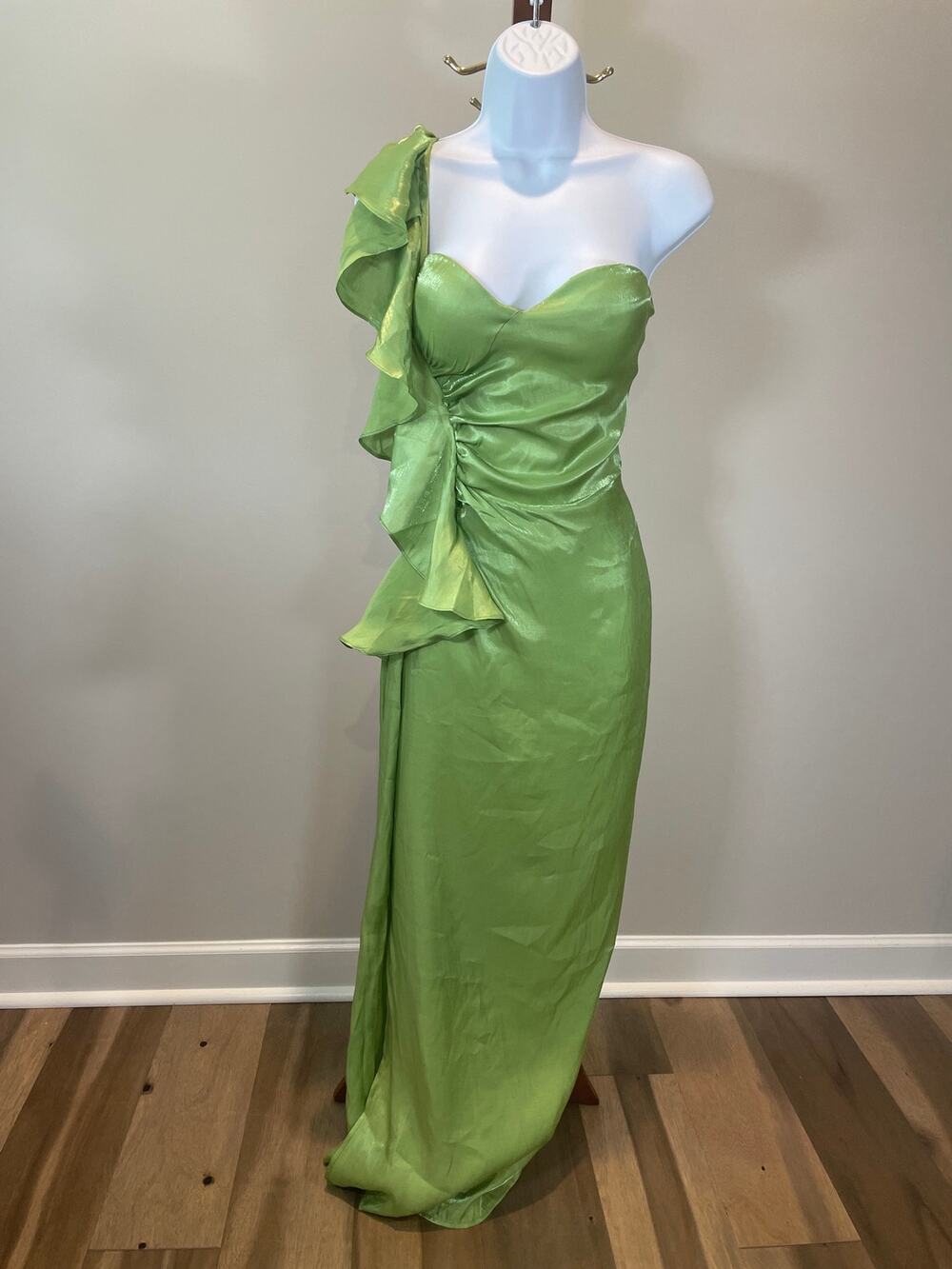 Bella Barnett One‑Shoulder Long Dress Size L Green Shimmer New With Tag